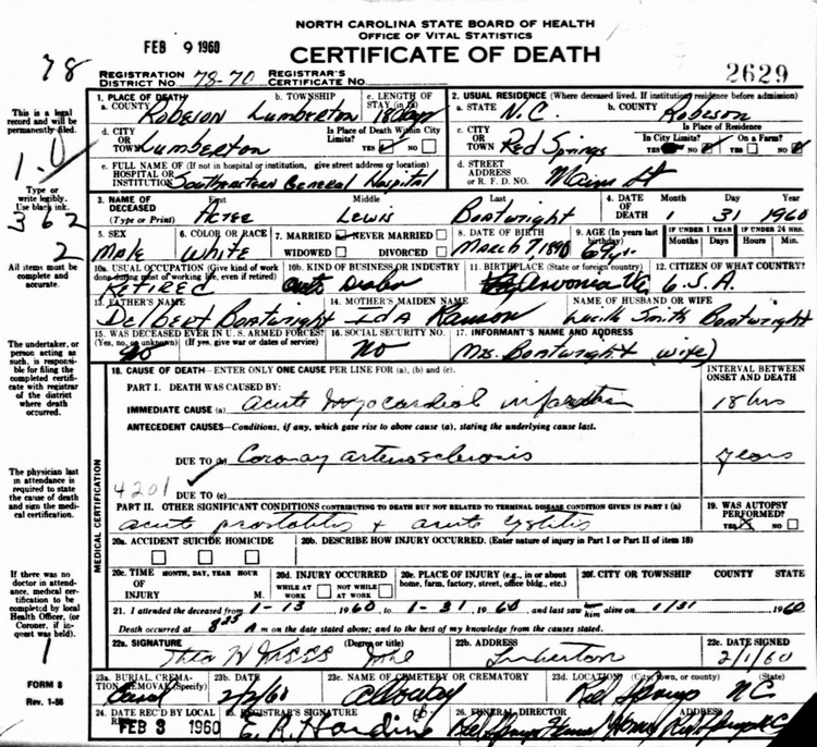 Acree Lewis Boatwright Death Certificate: