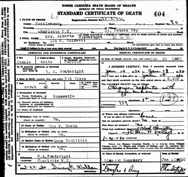 Alberta Seath Boatwright Death Certificate: