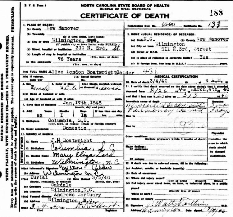 Alice London Boatwright Calder Death Certificate: