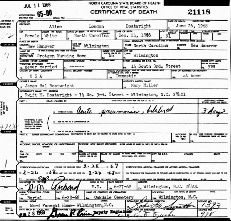 Alice London Boatwright Death Certificate: