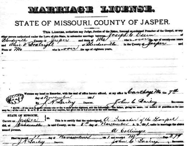 Alice Von Boatright and Joseph C. Deem Marriage License