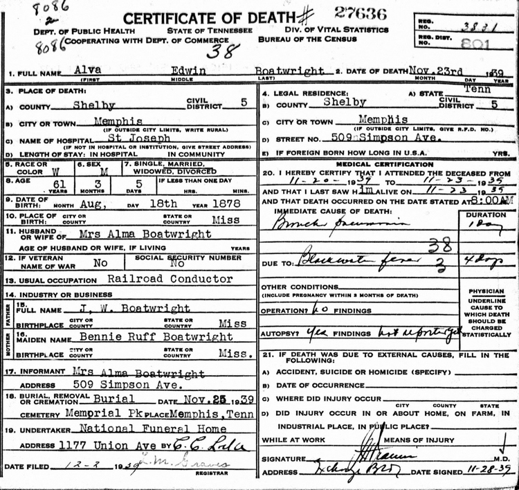 Alva Edwin Boatwright Death Certificate: