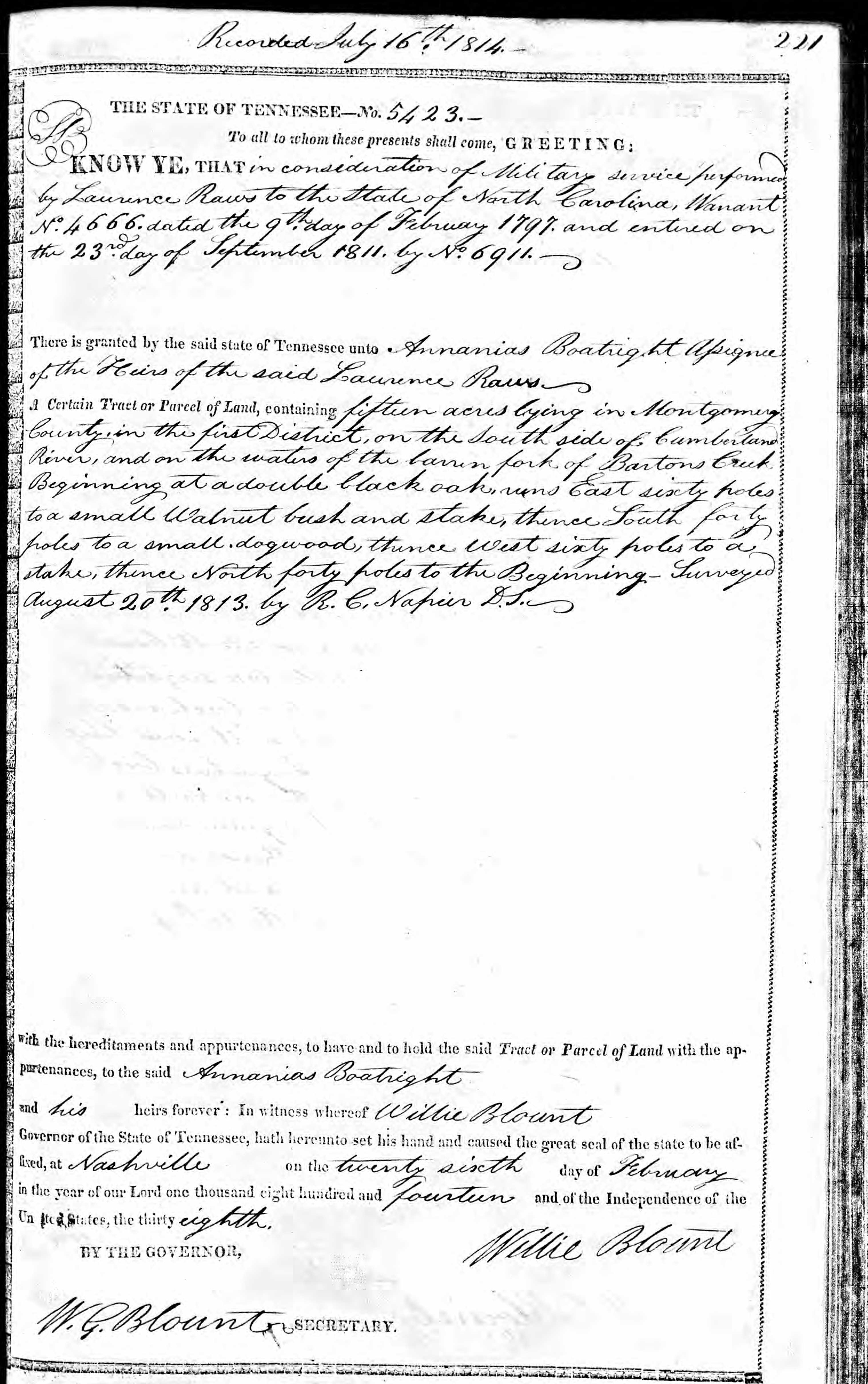 Ananias Boatwright Land Record 1814: