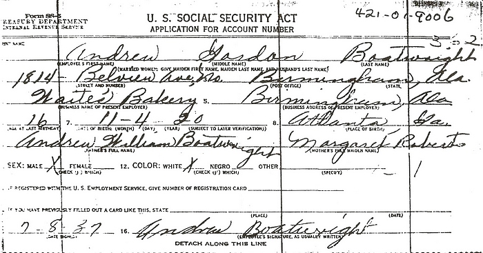 Andrew Gordon Boatwright Social Security Application: