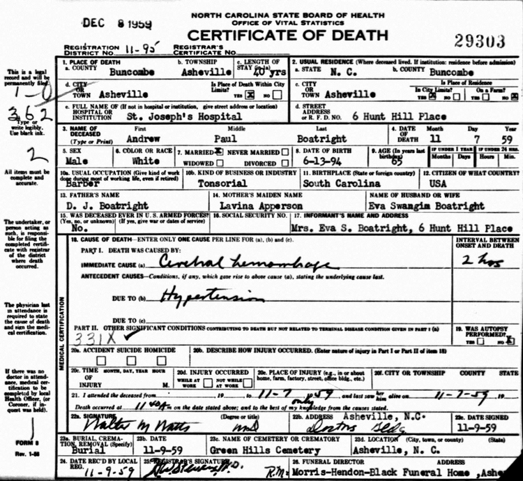 Andrew Paul Boatright Death Certificate: