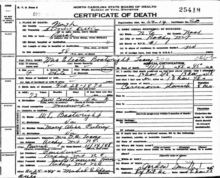 Ann Electra Boatwright Lacy Death Certificate: