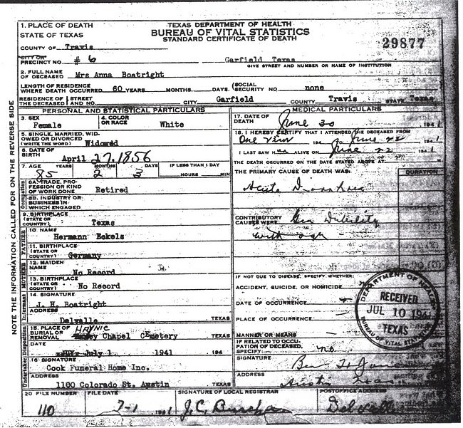 Anna Eckel Boatright Death Certificate: