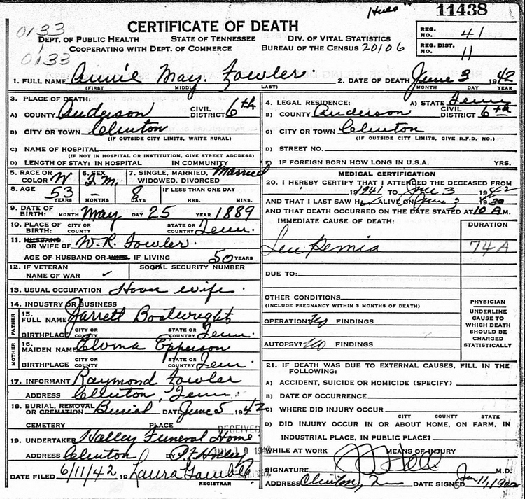 Annie May Boatright Fowler Death Certificate: