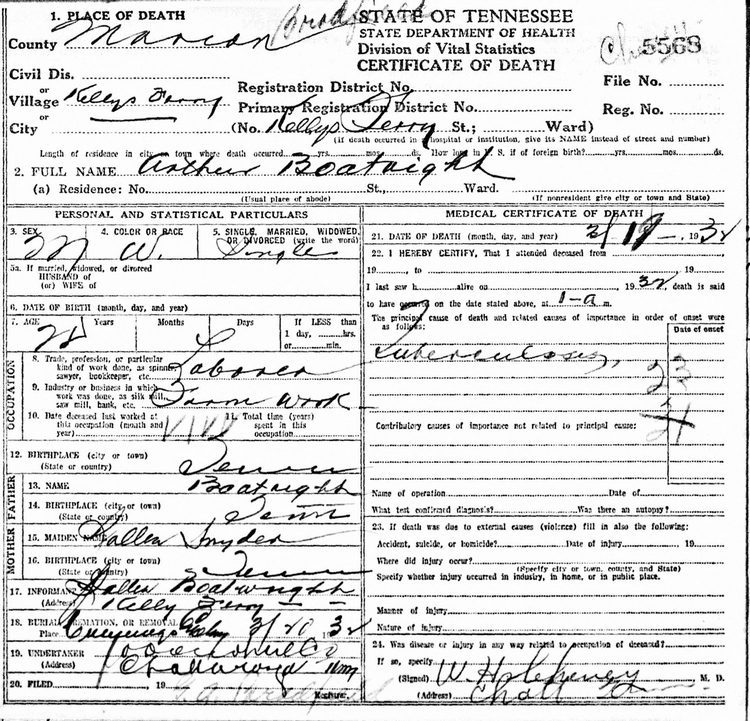 Arthur Boatright Death Certificate: