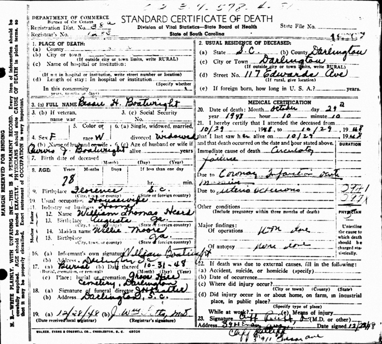 Bessie Heard Boatwright Death Certificate: