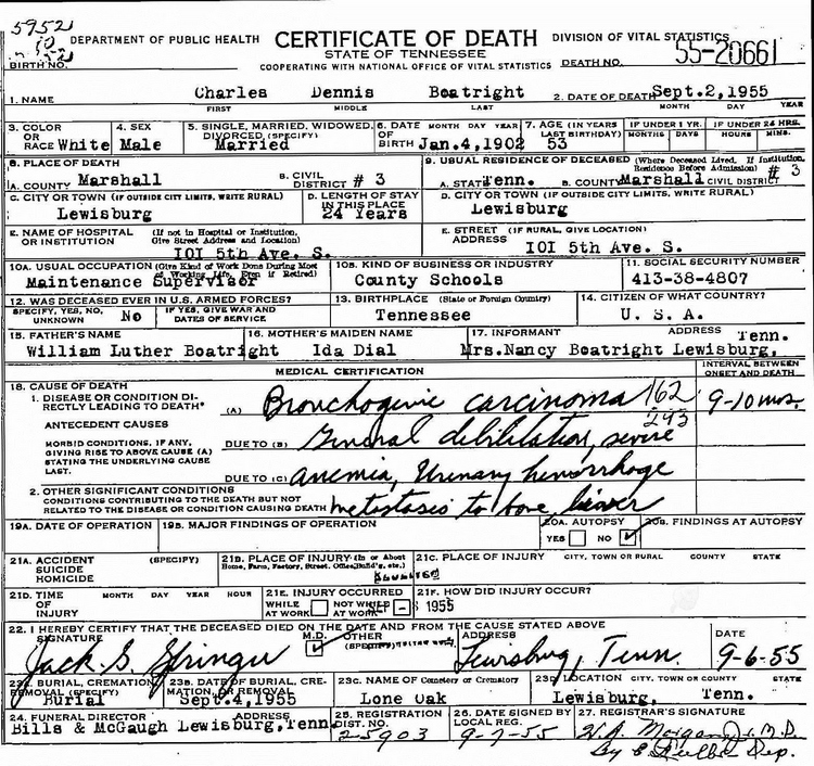 Charles Dennis Boatright Death Certificate: