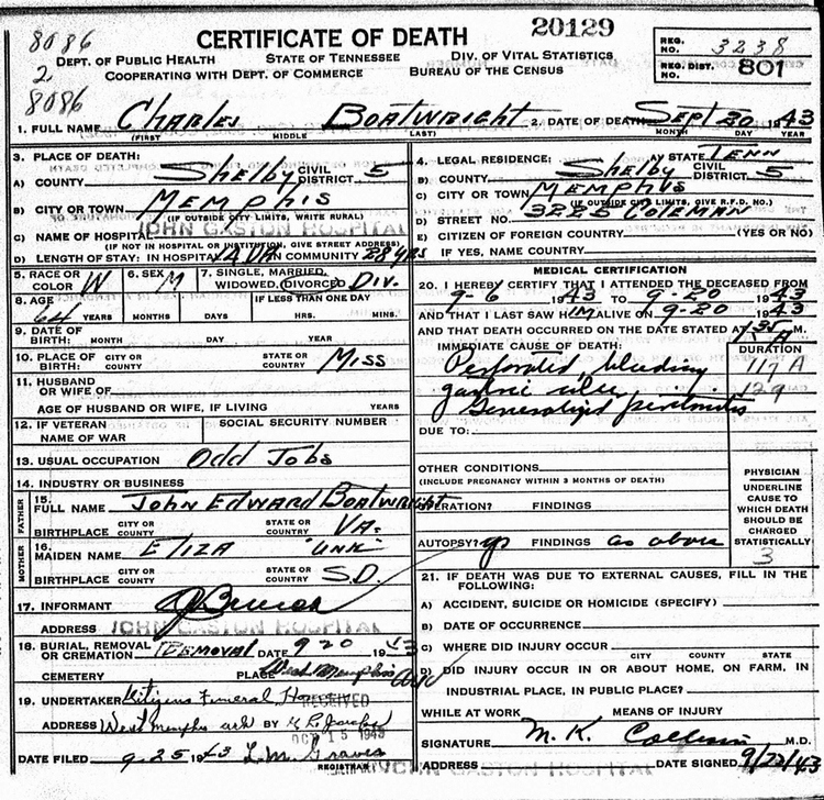 Charles Leonard Boatwright Death Certificate: