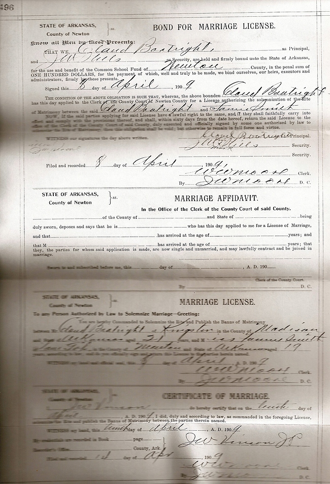 Claude Obern Boatright and Fannie Alice Smith Marriage License