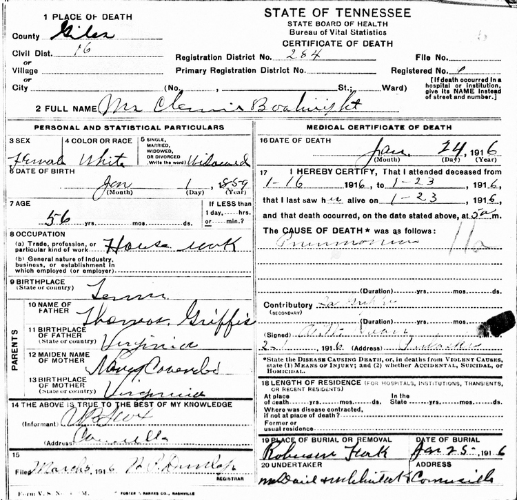 Clementine Gordon Griffis Boatright Death Certificate: