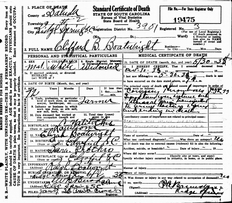 Clifford Bedelle Boatwright Death Certificate: