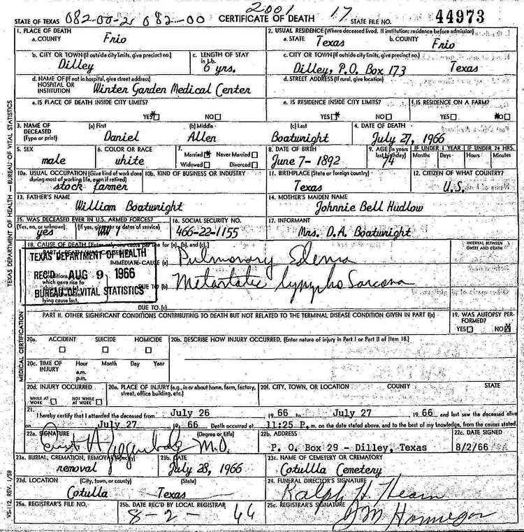 Daniel Allen Boatwright Death Certificate:
