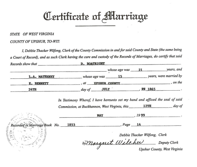 Daniel Rafe Boatwright and Lydia Ann Matheney Marriage Certificate