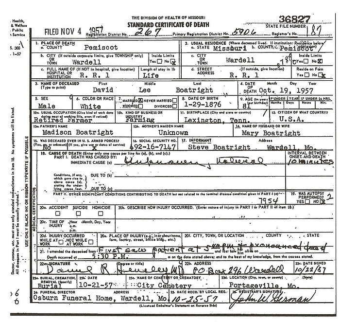 David Lee Boatright Death Certificate: