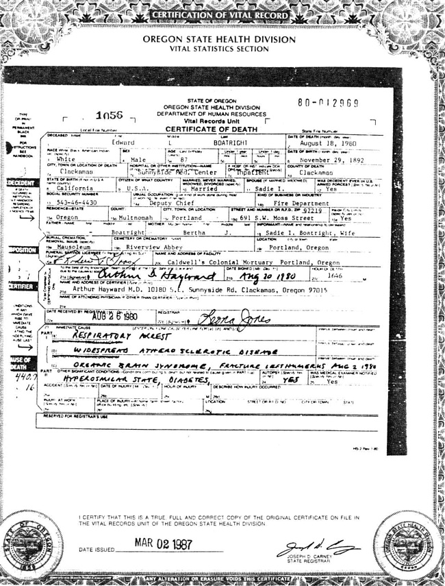 Edward Luther Boatright Death Certificate: