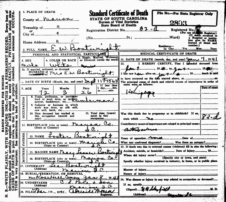 Edward Whipley Boatwright Death Certificate: