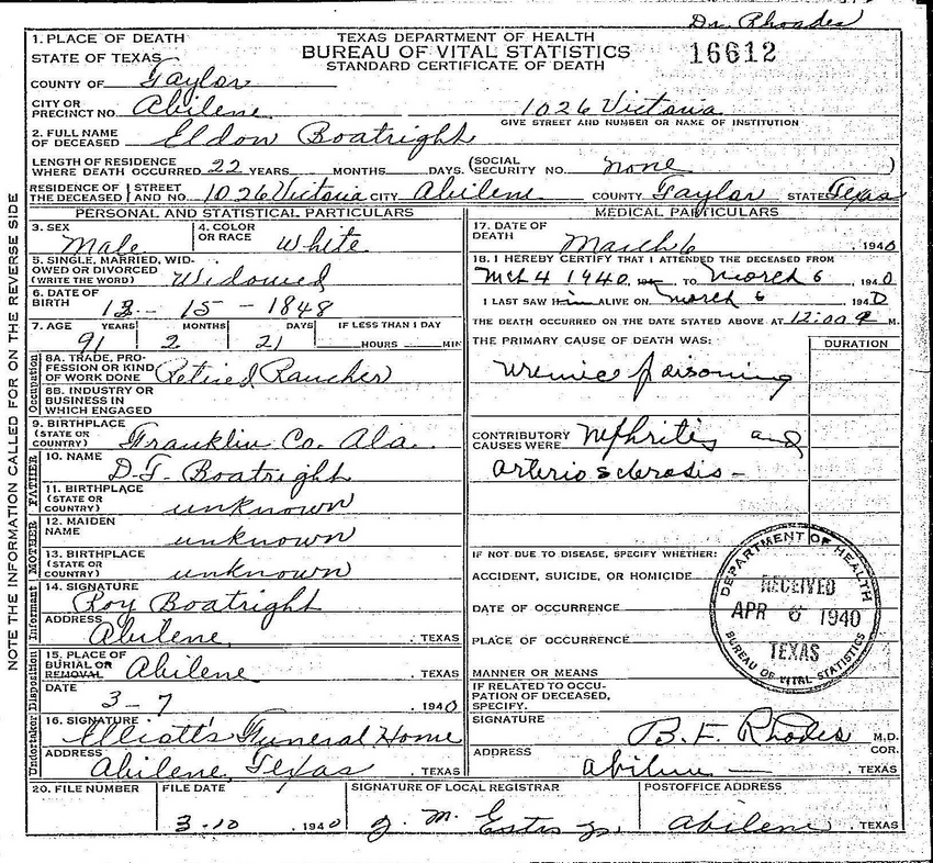Eldon Boatright Death Certificate: