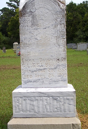 Emma L. Boatright Gravestone; daughter of Luther Green and Sarah Boatright