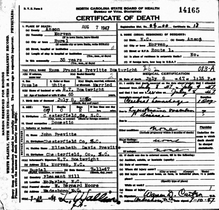 Emma Frances Previtte Boatwright Death Certificate: