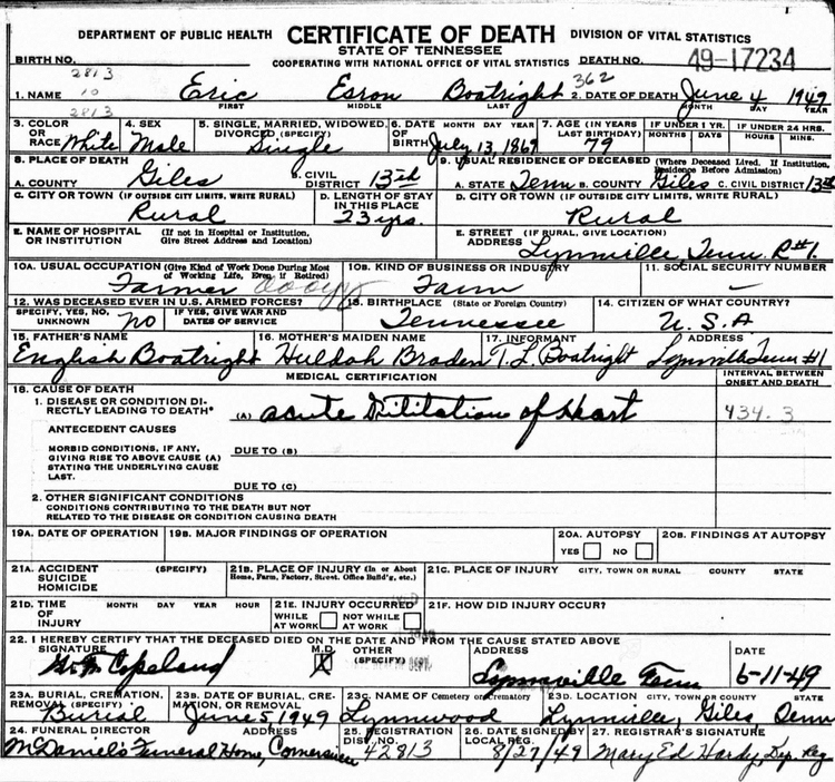 Eric Esron Boatright Death Certificate: