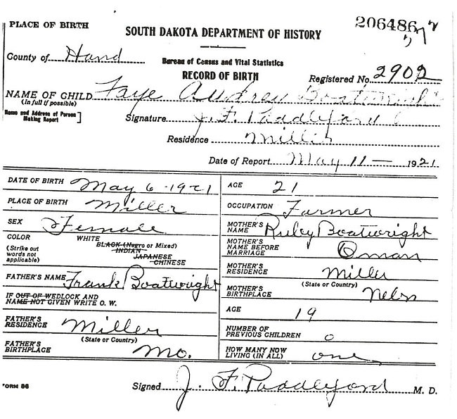 Faye Audrey Boatwright Birth Certificate: