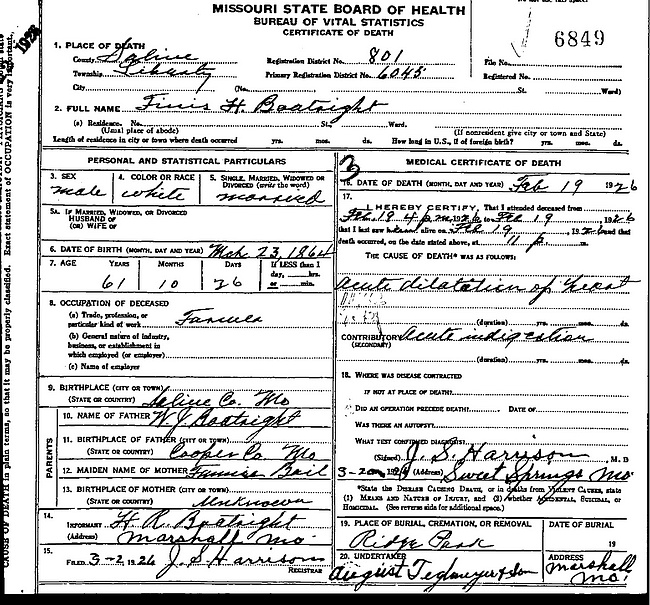 Finis Harvey Boatright Death Certificate:
