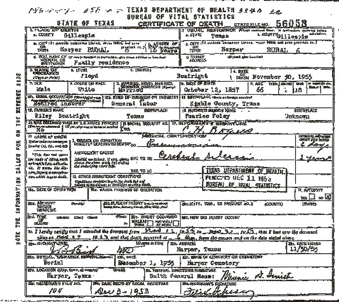 Floyd Boatright Death Certificate: