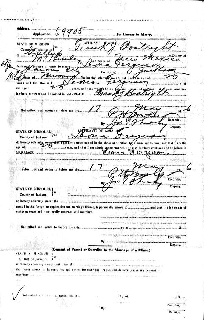 Francis Joseph Frank Boatright and Leona Ferguson License: