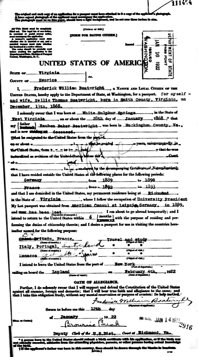 Frederic William Boatwright Passport