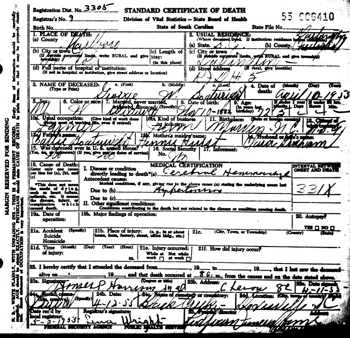 George W. Boatwright Death Certificate: