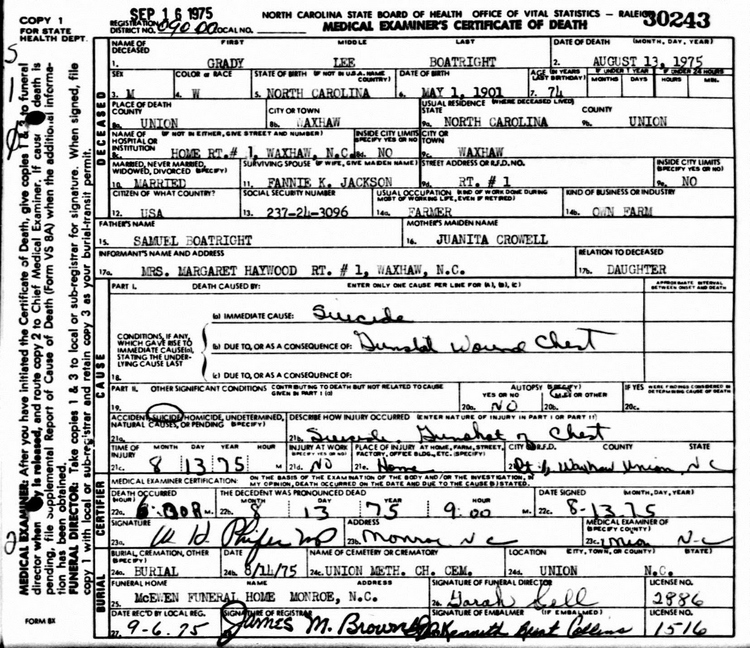 Grady Lee Boatright Death Certificate:
