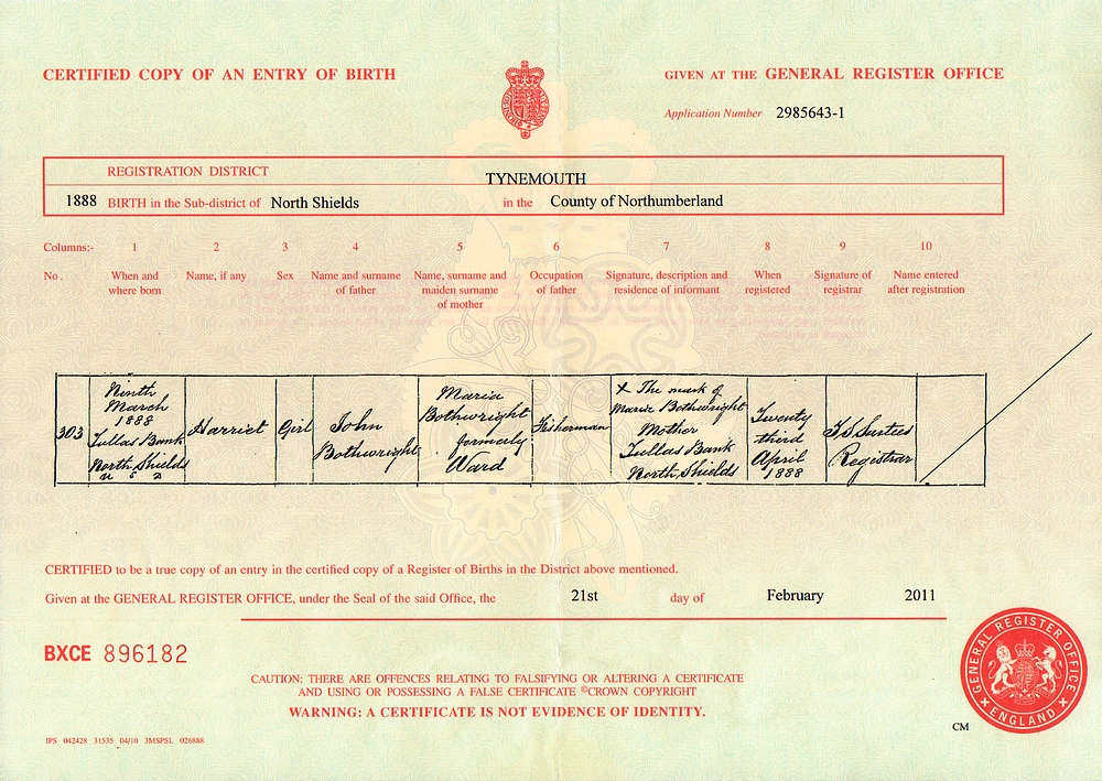 Harriet Botwright Birth Certificate: