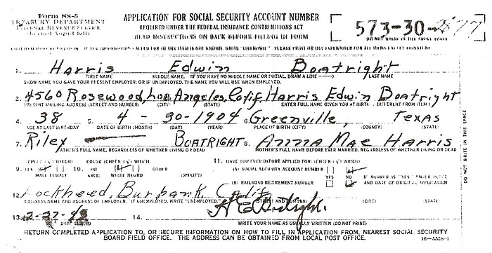 Harris Edwin Boatright Social Security Application: