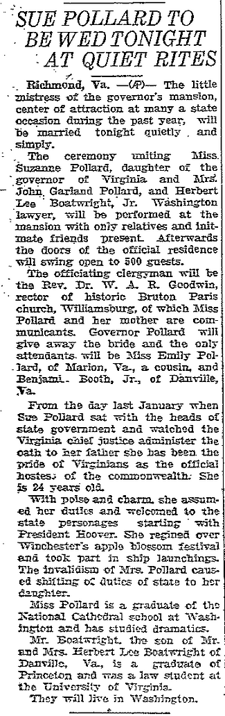 Herbert Lee Boatwright - Suzanne Virginia Pollard Wedding