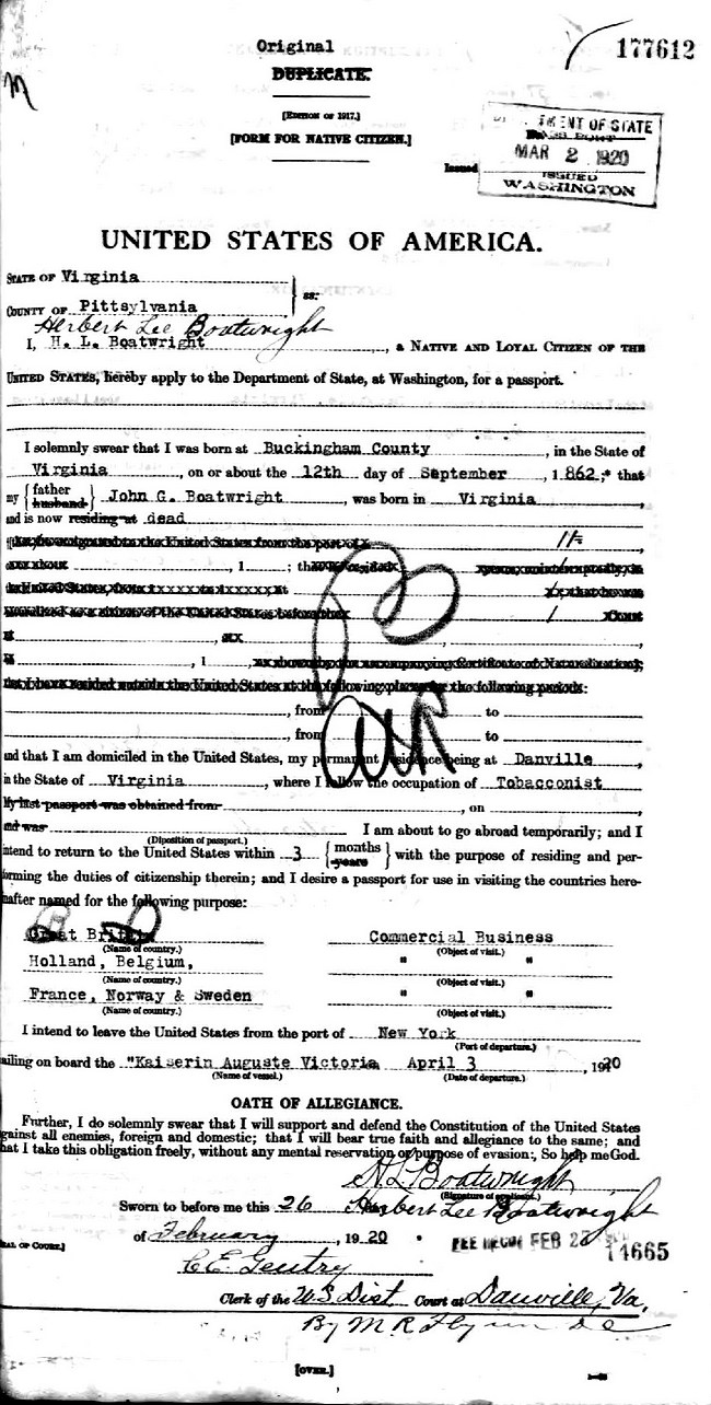 Herbert Lee Boatwright Passport