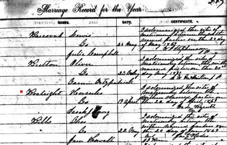 Hercules Boatwright and Sarah J. Fowg Marriage Record