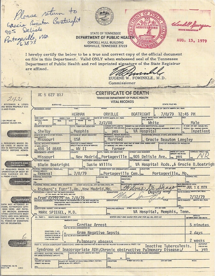 Herman Orville Boatright Death Certificate: