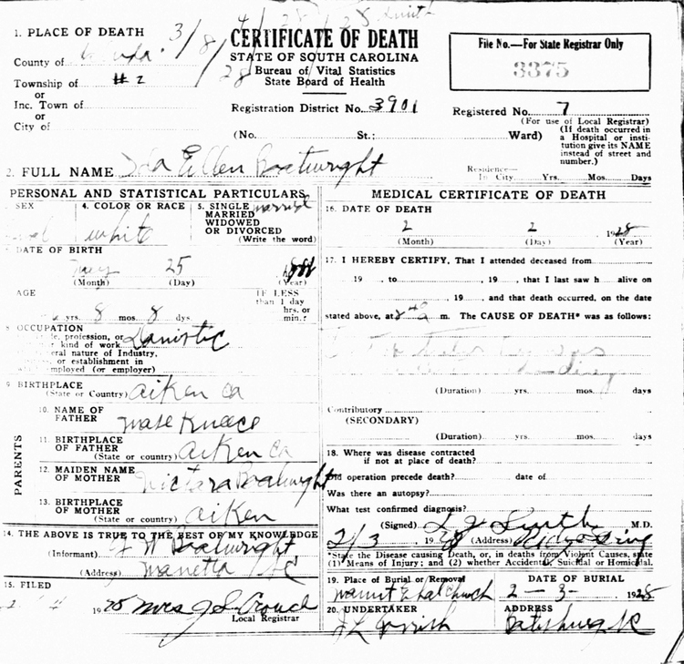 Ida Ellen Kneece Boatwright Death Certificate: