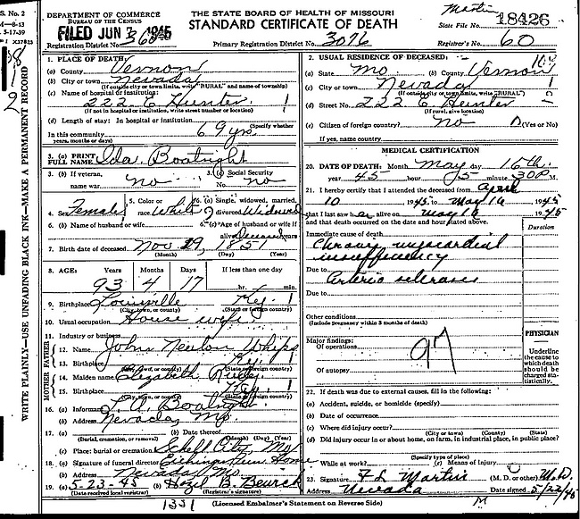 Ida Whips Boatright Death Certificate: