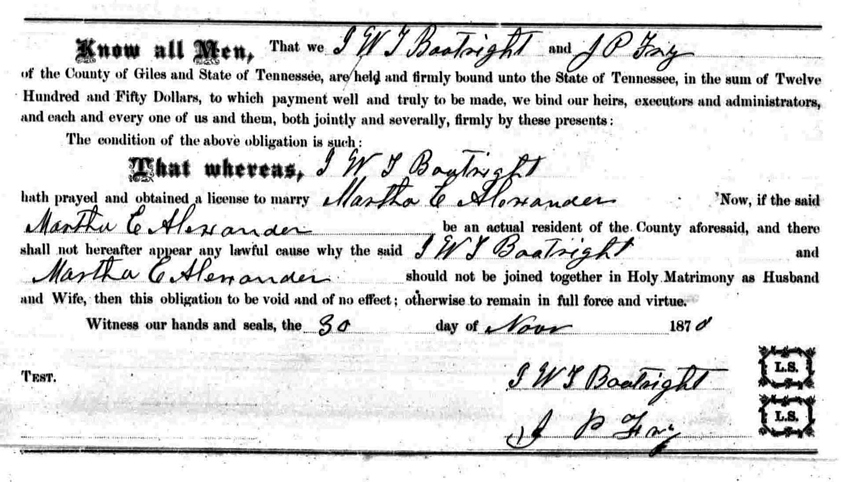 Isaac Washington and Martha Elizabeth Alexander Boatright Marriage License:
