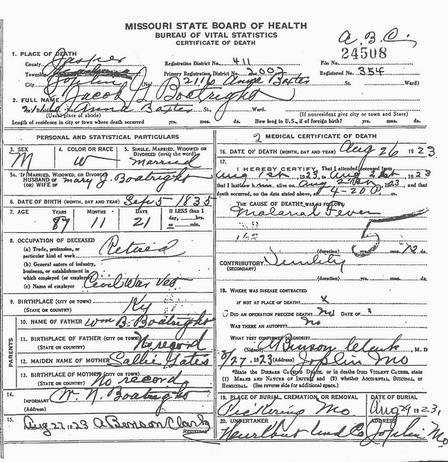 Jacob Gates Boatright Death Certificate: