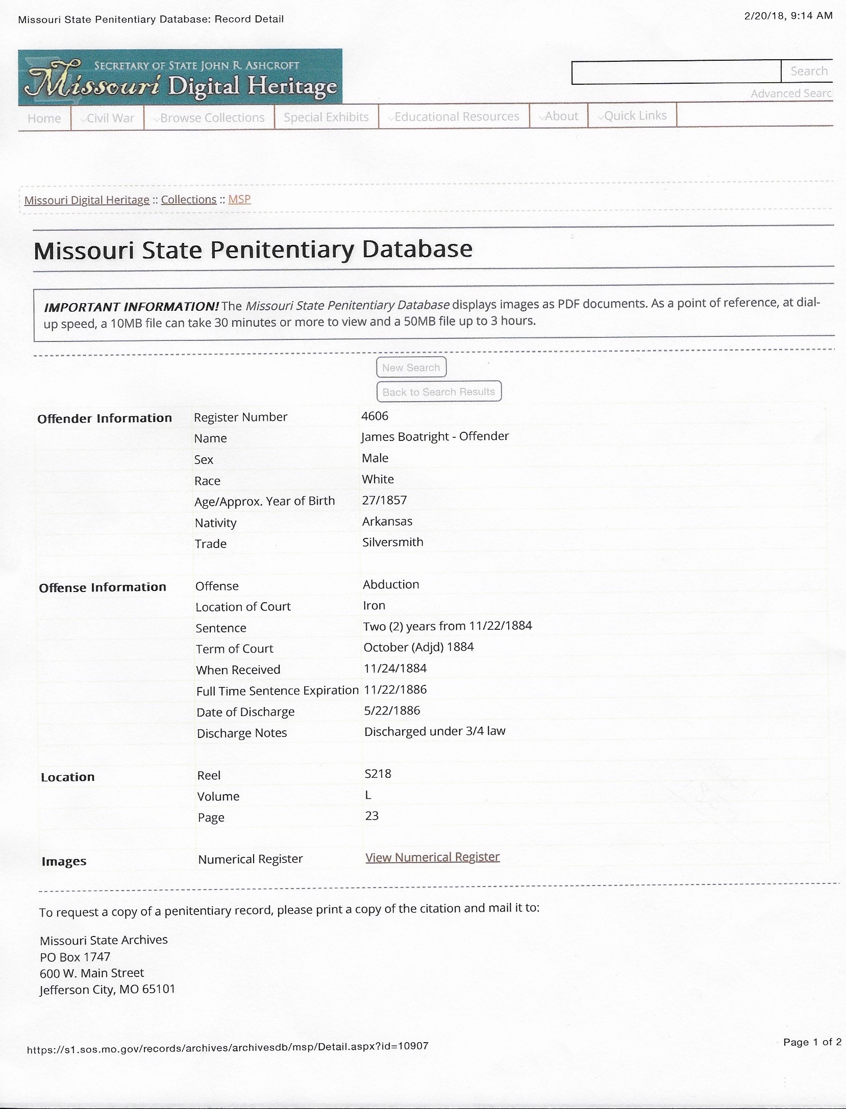 James Boatwright Penitentiary Record