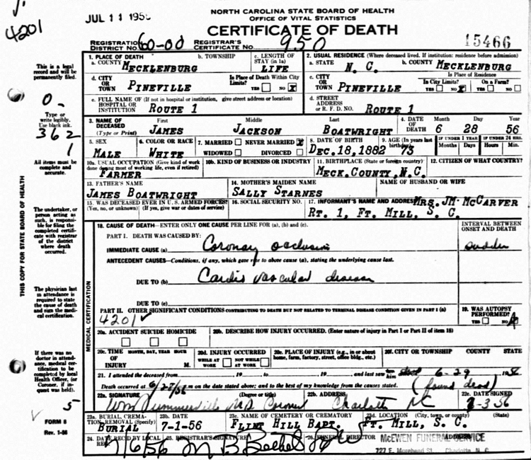 James Jackson Boatwright Death Certificate: