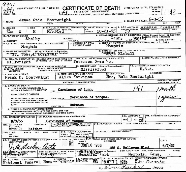 James Otis Boatwright Death Certificate: