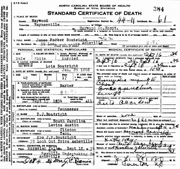 James Parker Boatright Death Certificate: