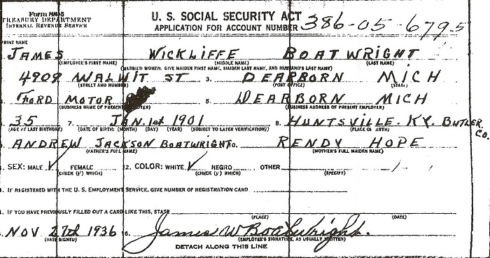 James Wickliffe Boatwright Social Security Application: